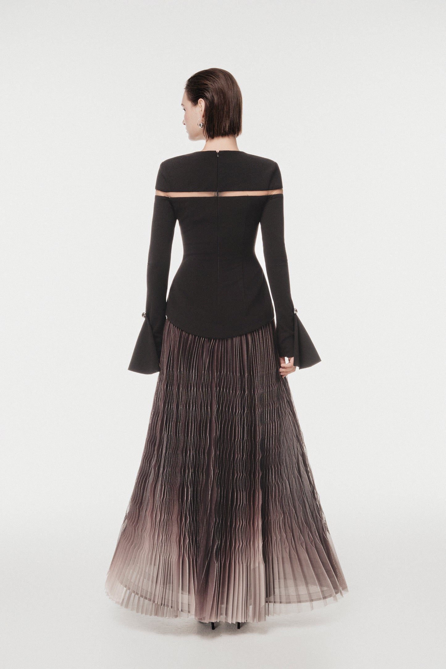 Cut-Out Shoulder Dress with Ombre Pleated Skirt
