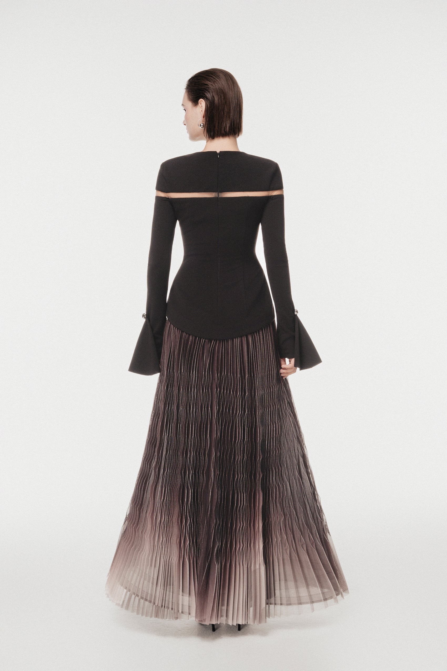 Cut-Out Shoulder Dress with Ombre Pleated Skirt