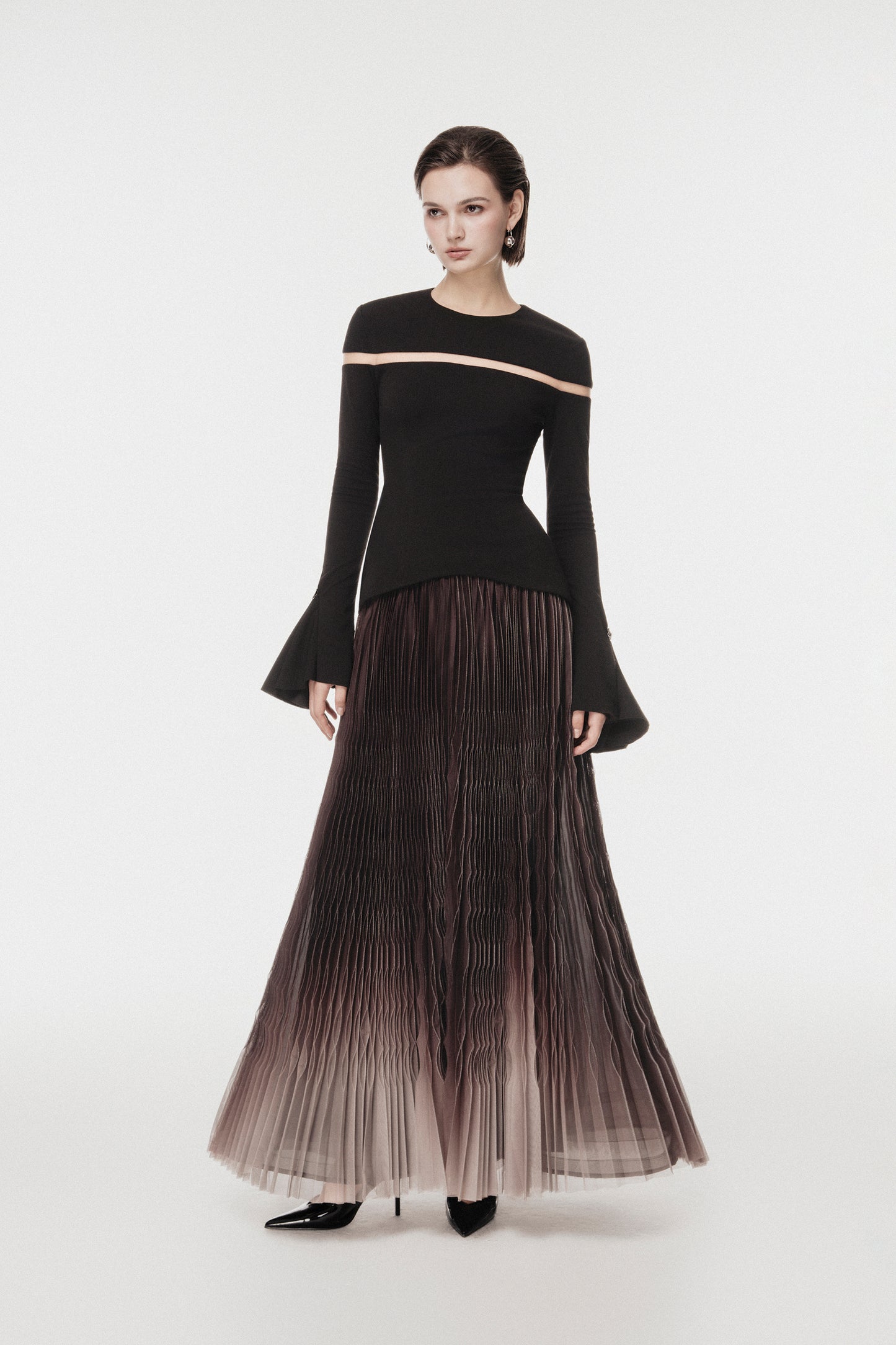 Cut-Out Shoulder Dress with Ombre Pleated Skirt