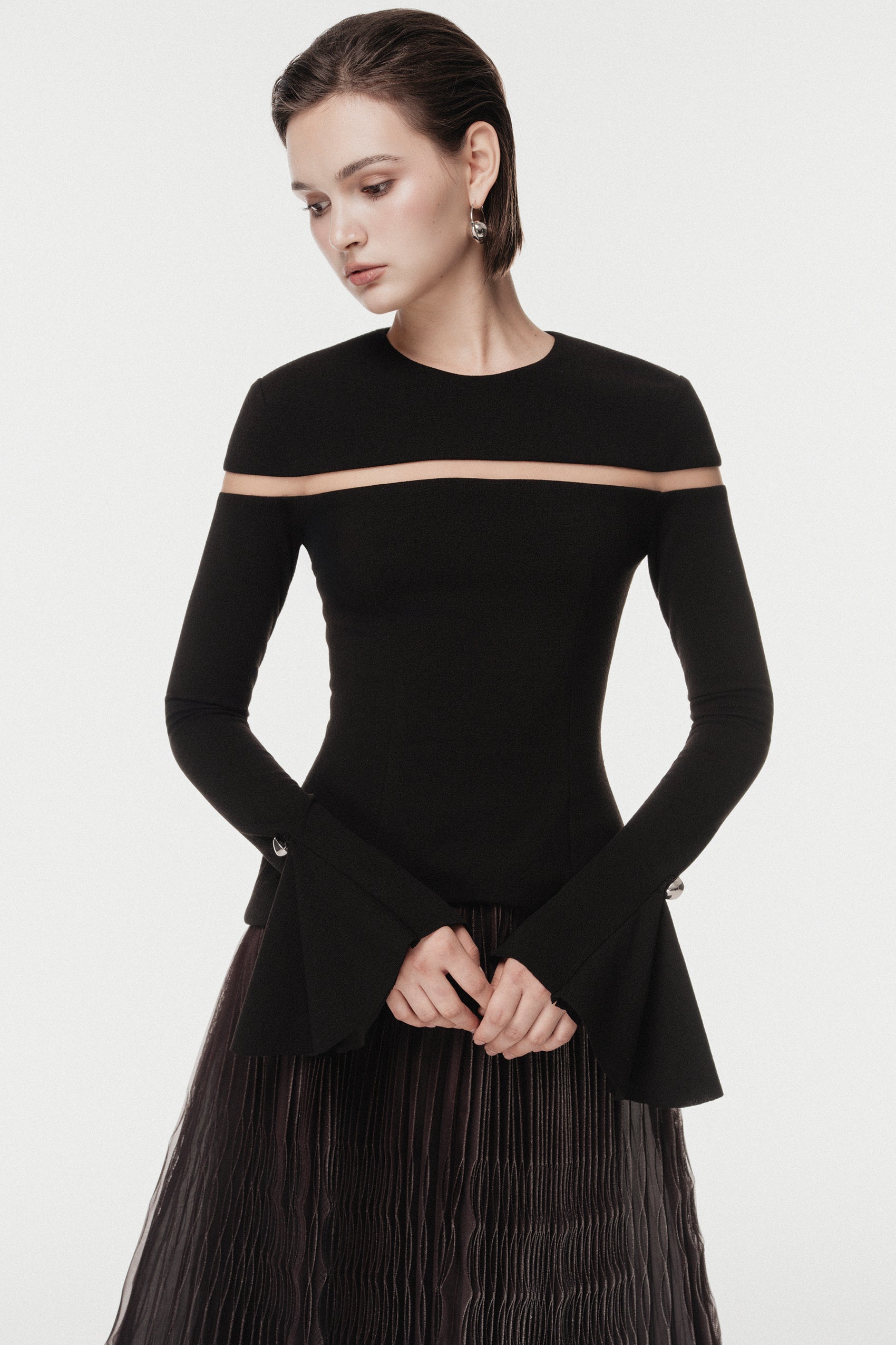 Cut-Out Shoulder Dress with Ombre Pleated Skirt