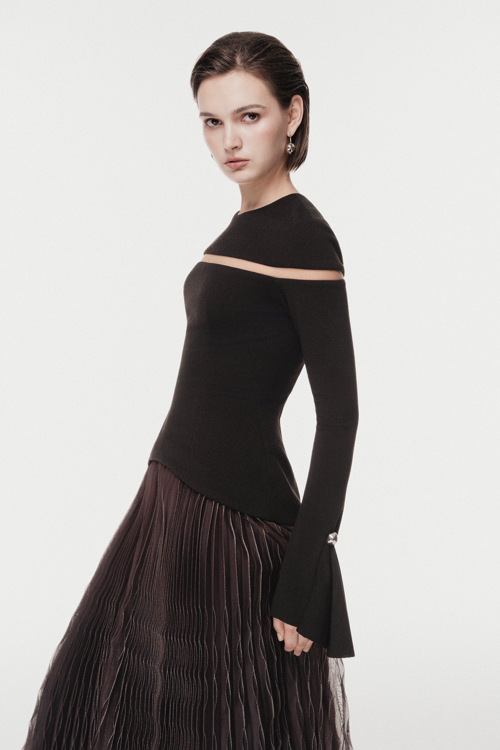 Cut-Out Shoulder Dress with Ombre Pleated Skirt