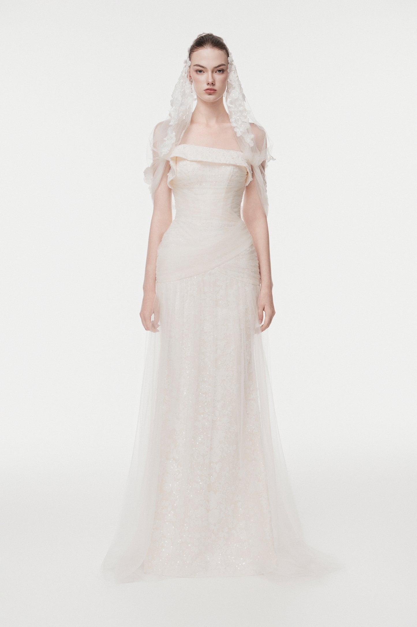 Corset Lace Gown with Sheer Cape