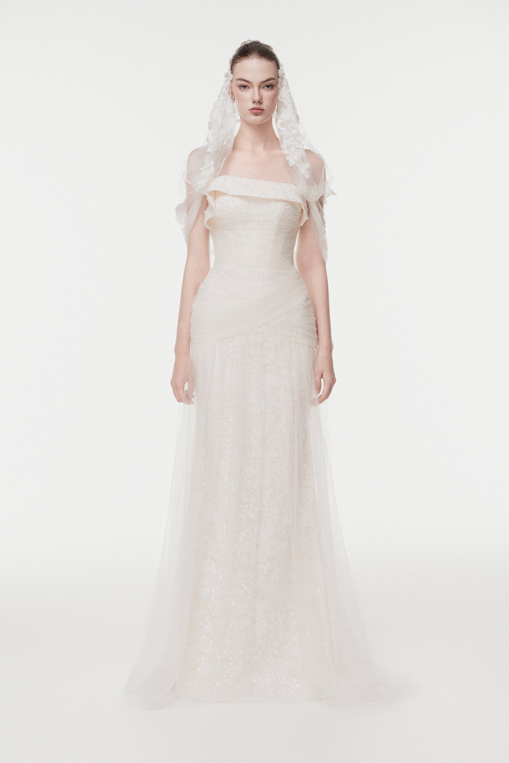 Corset Lace Gown with Sheer Cape