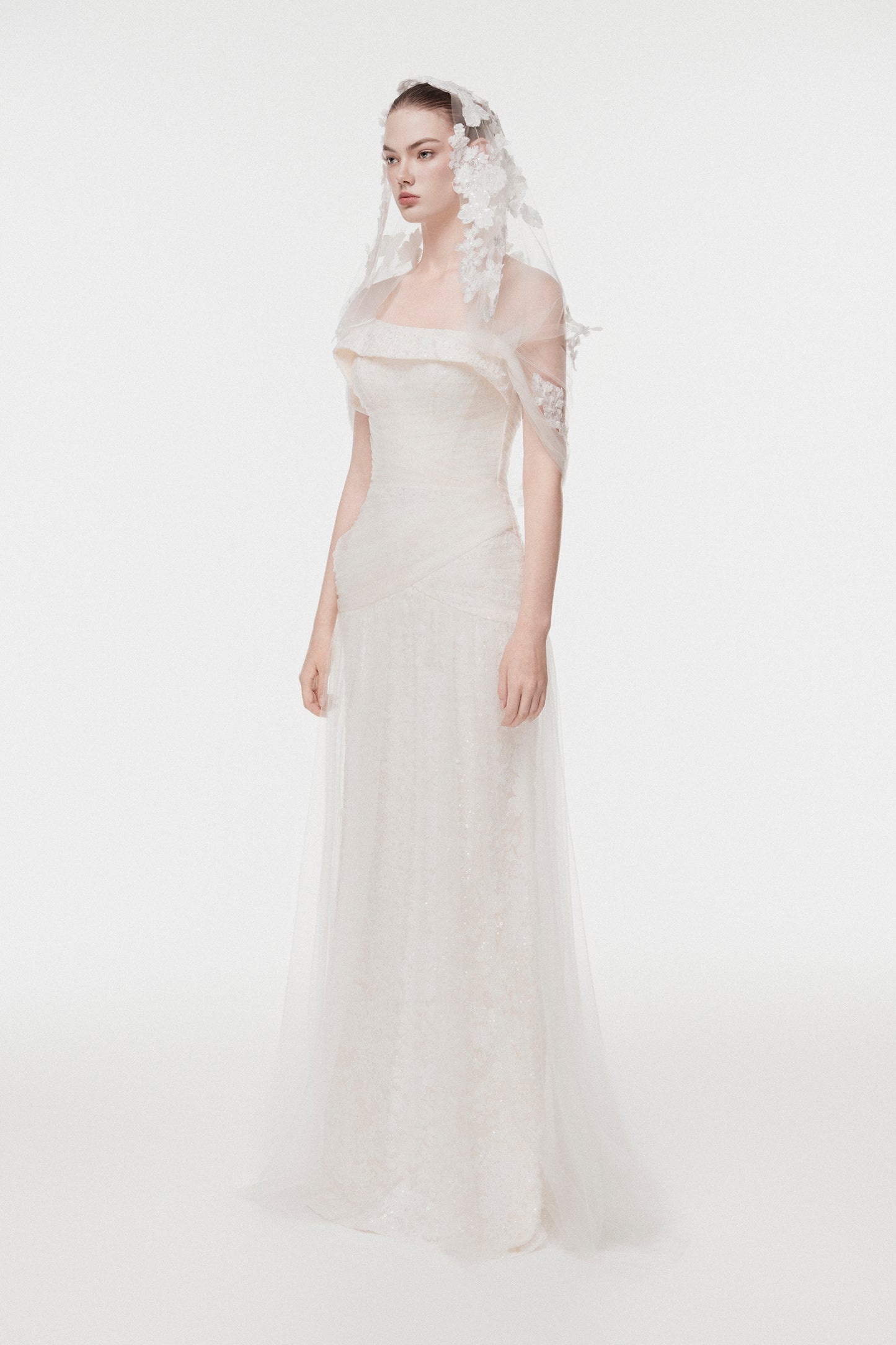 Corset Lace Gown with Sheer Cape