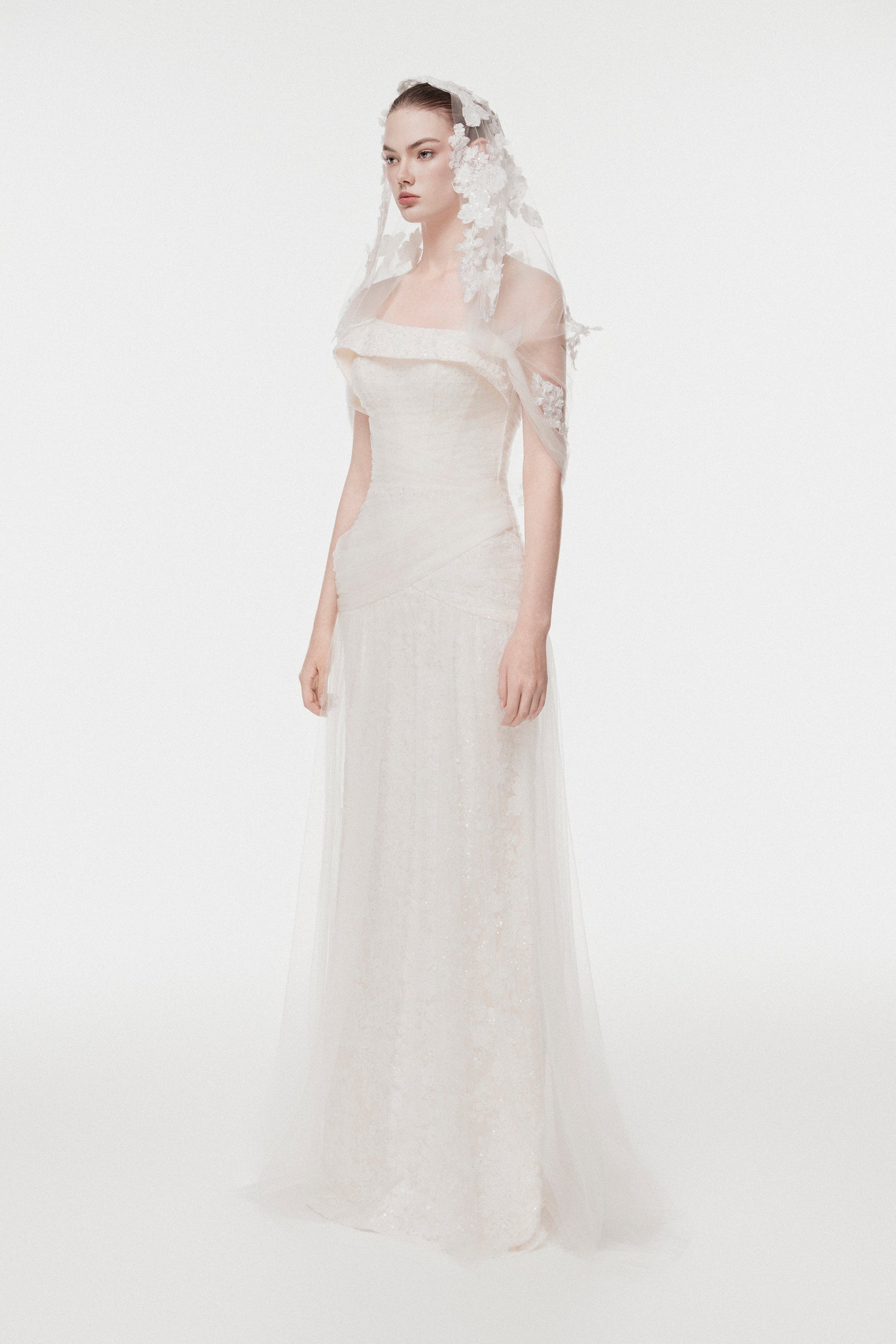 Corset Lace Gown with Sheer Cape