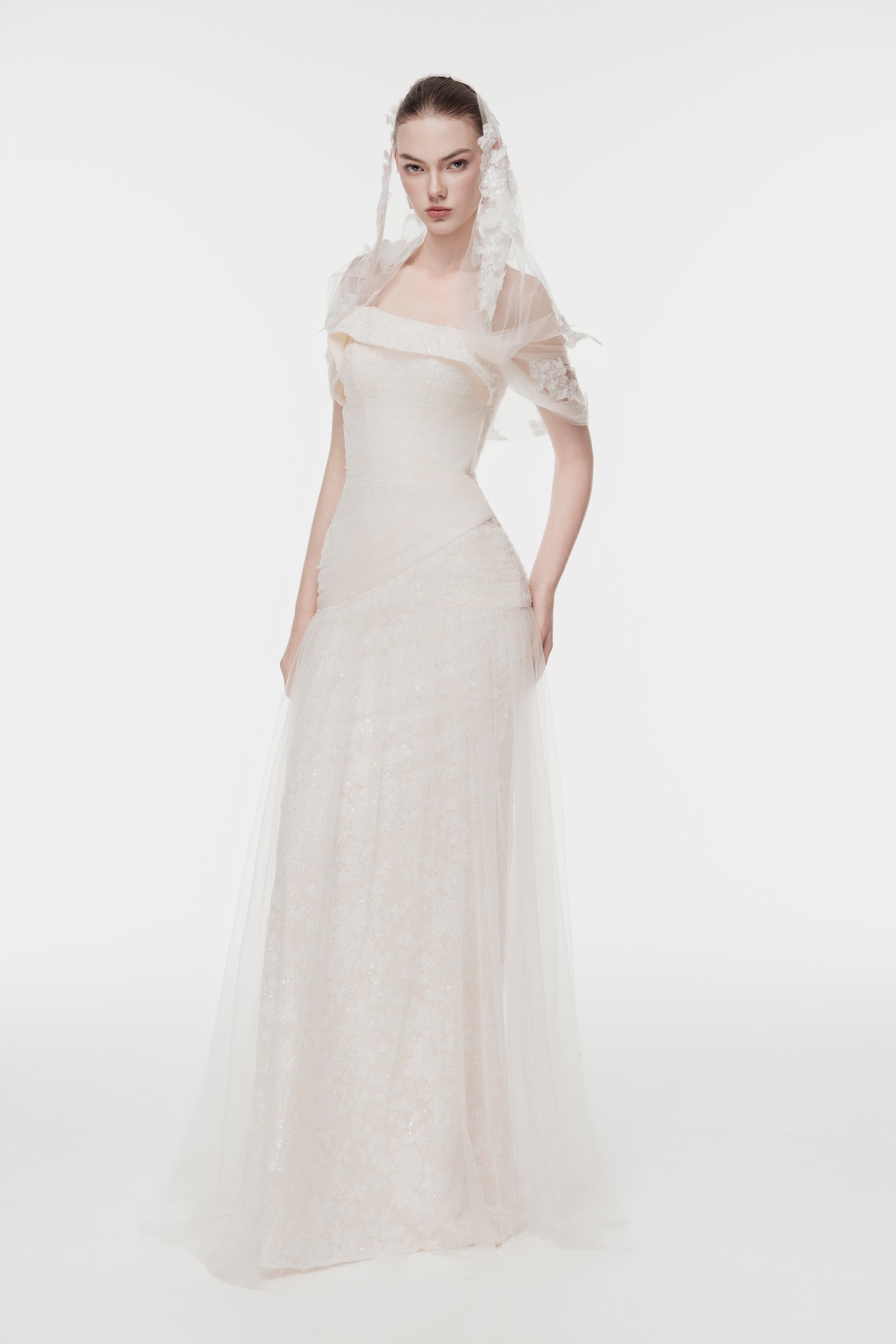 Corset Lace Gown with Sheer Cape
