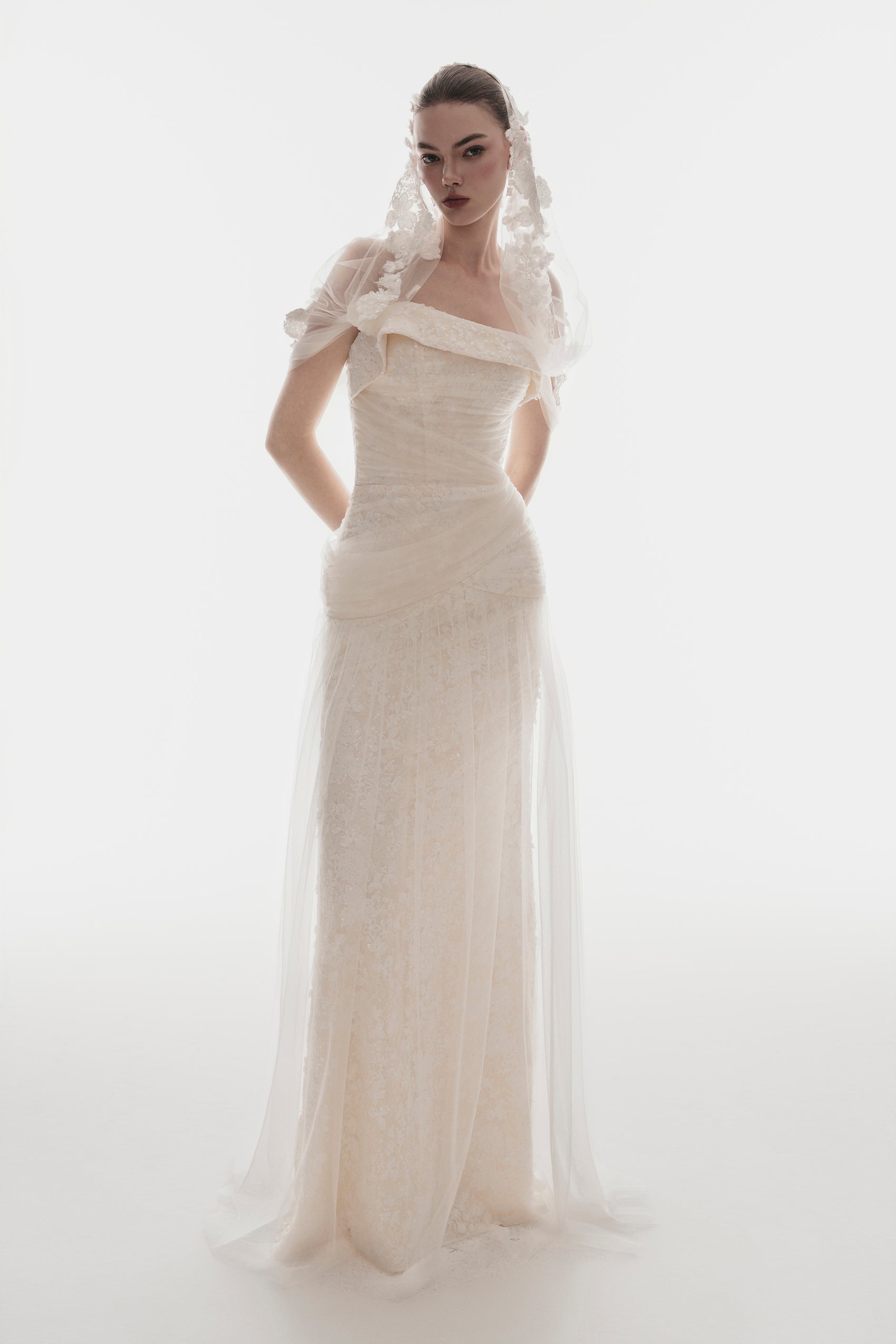 Corset Lace Gown with Sheer Cape