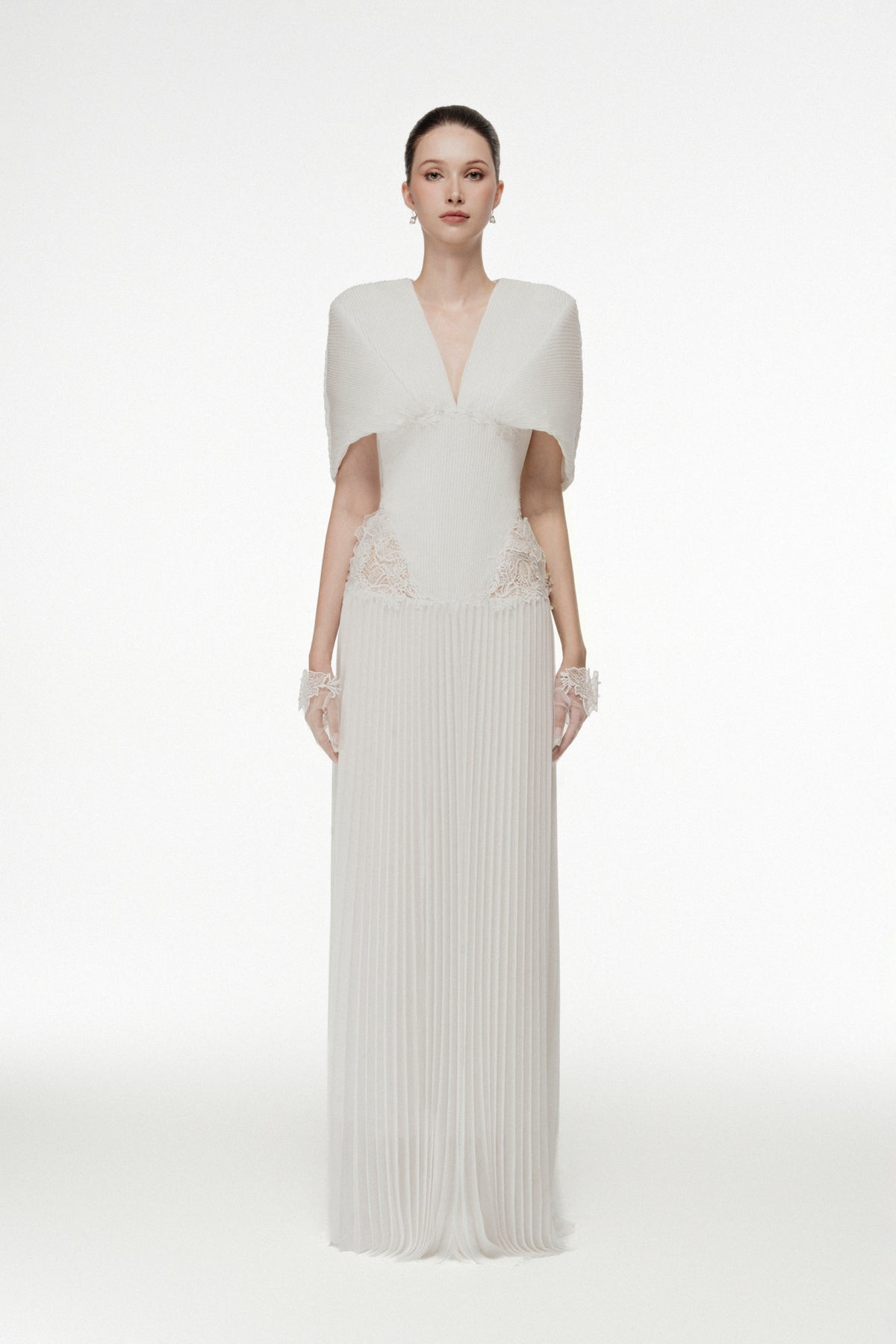 Off-Shoulder Lace Pleated Gown