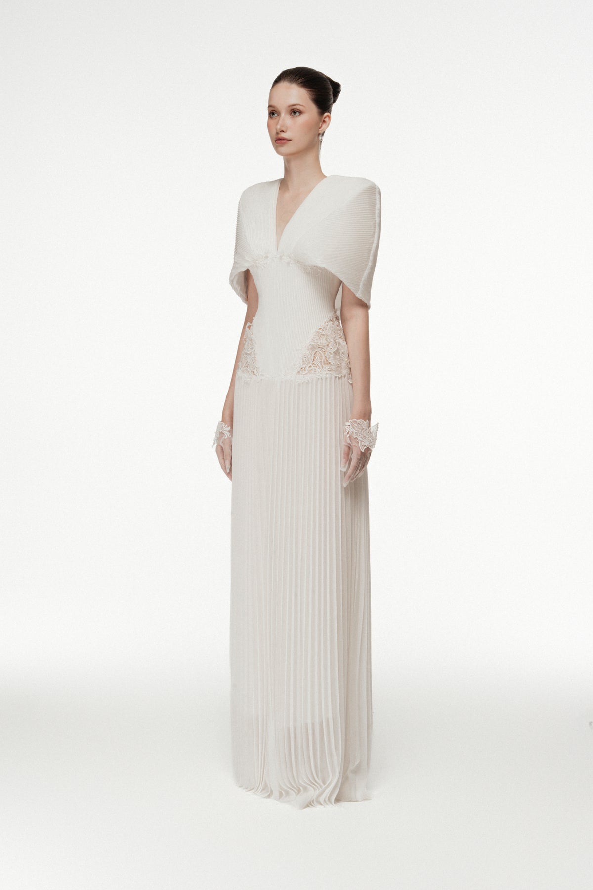 Off-Shoulder Lace Pleated Gown