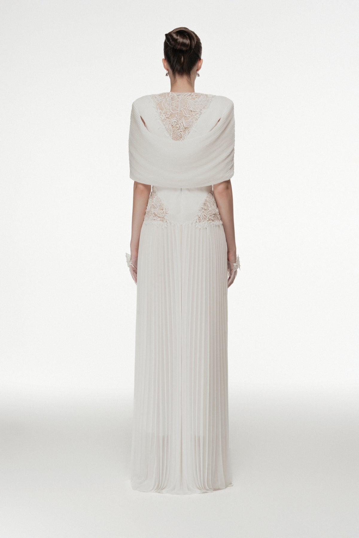 Off-Shoulder Lace Pleated Gown