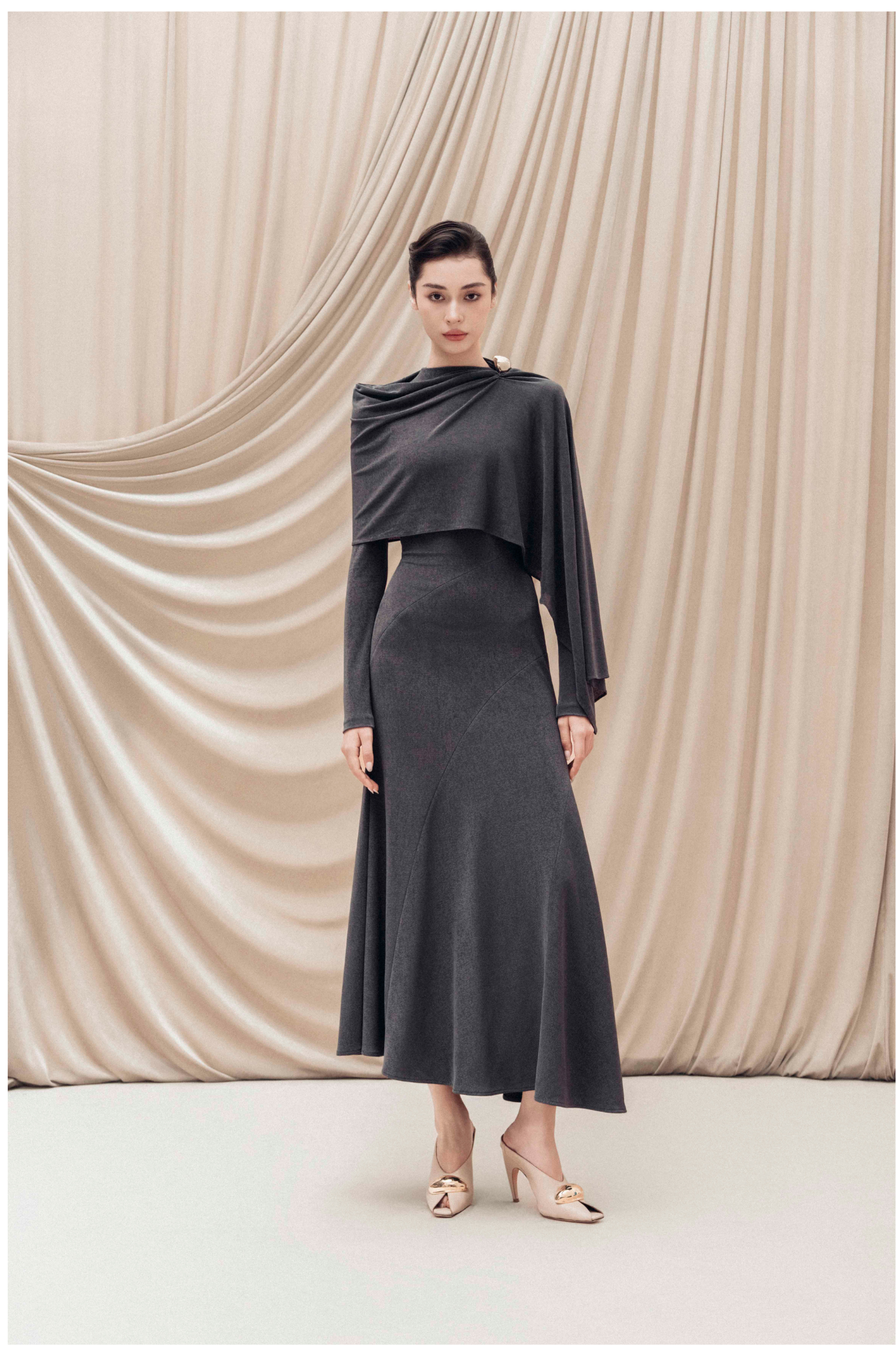 Sculpted High-Neck Fishtail Midi in Bezel