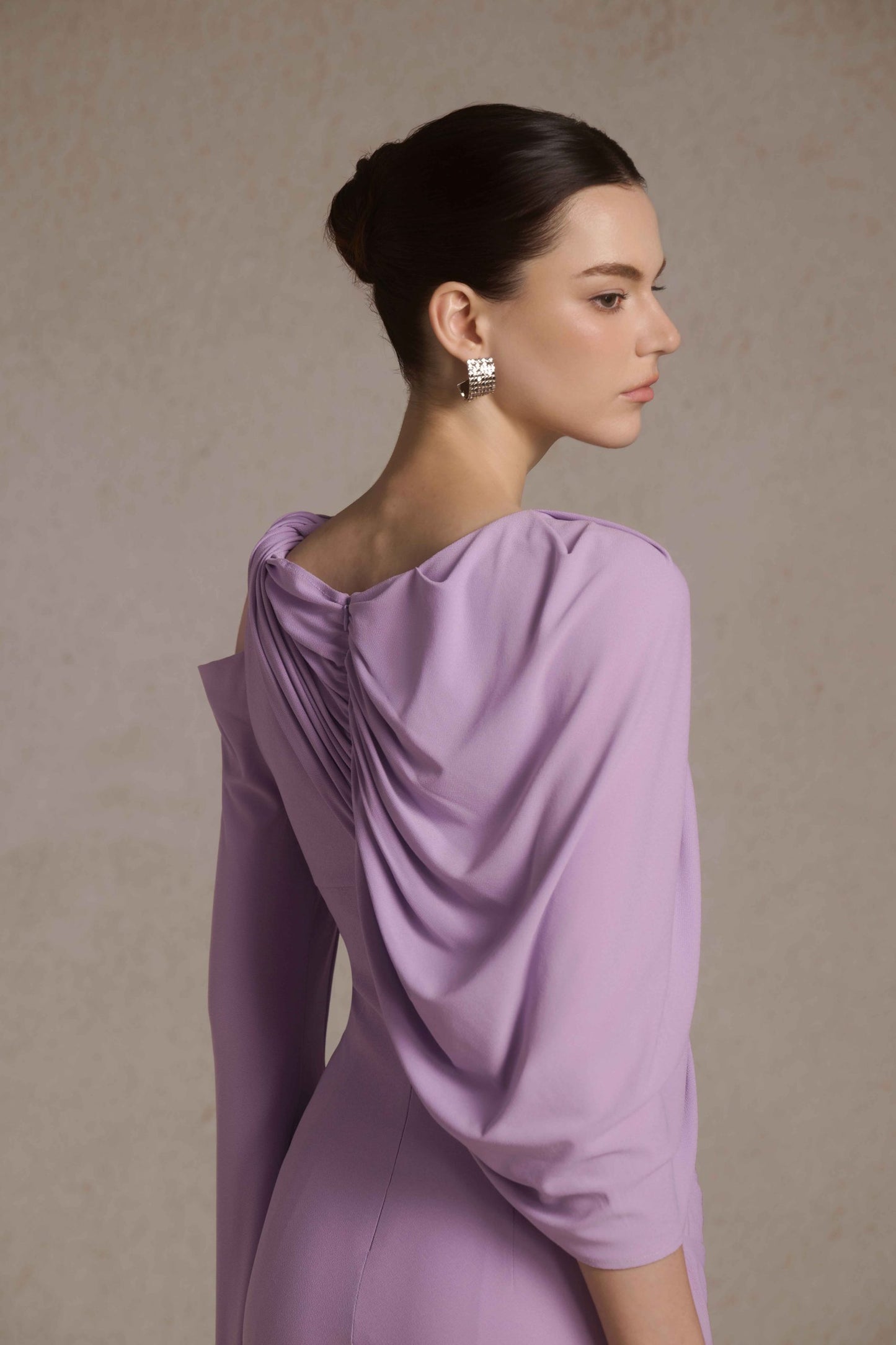 Orion Draped Shoulder Dress in Lilac image 2