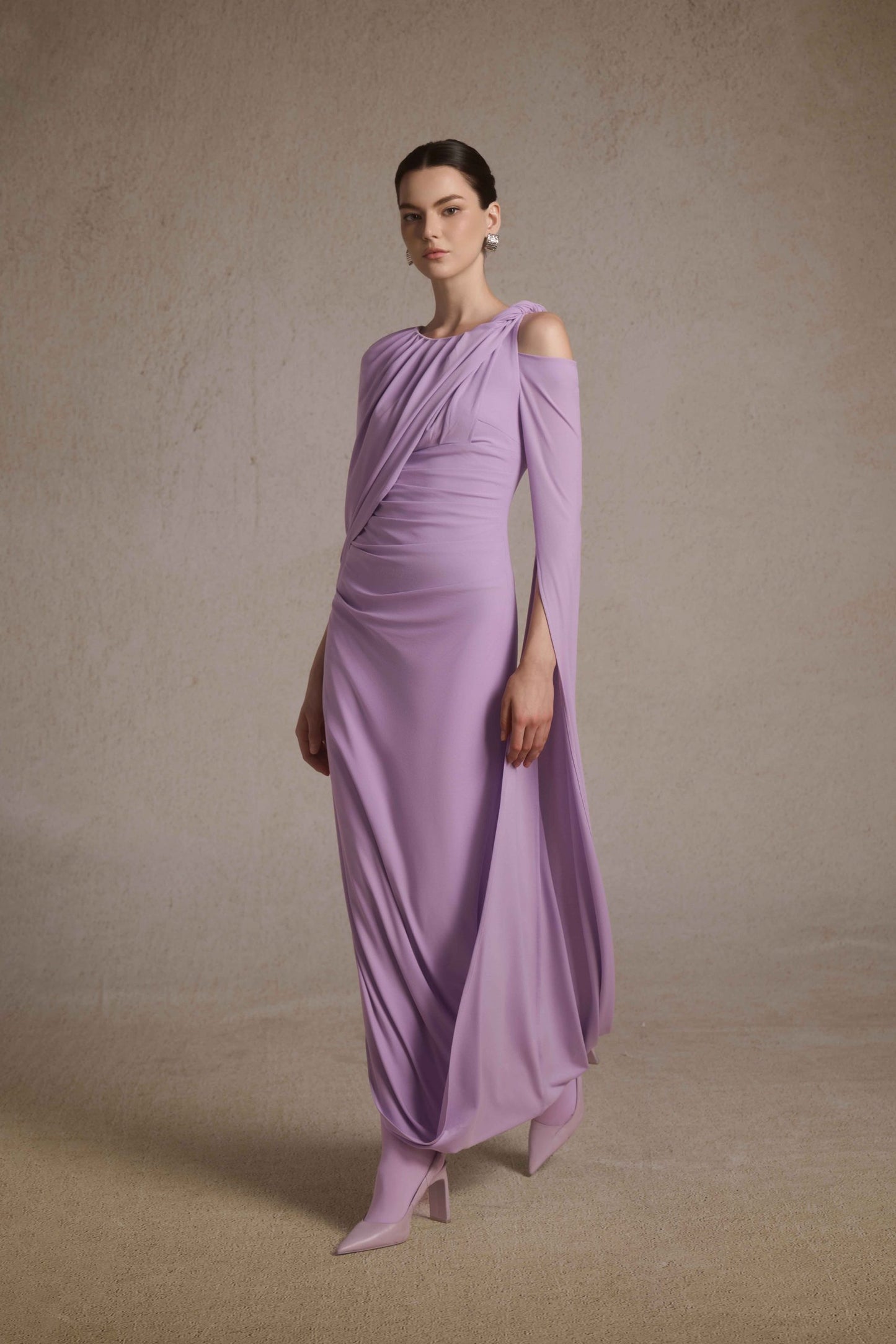Orion Draped Shoulder Dress in Lilac image 1