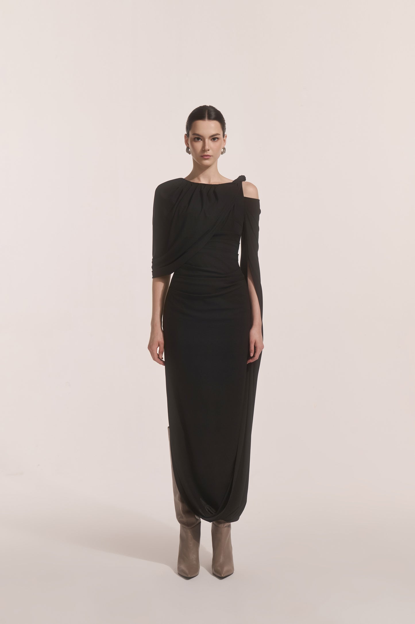 Orion Draped Shoulder Dress in Black image 0