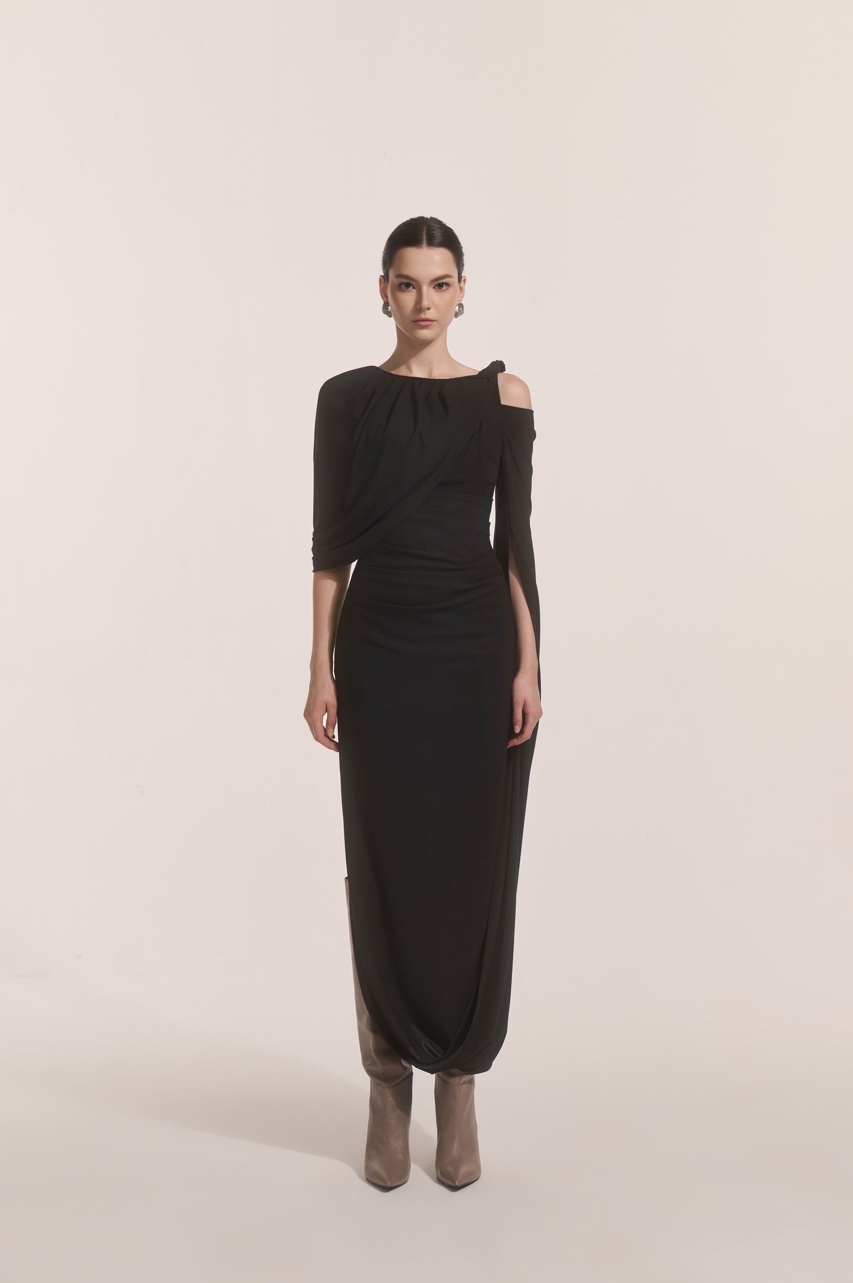 Orion Draped Shoulder Dress in Black image 0