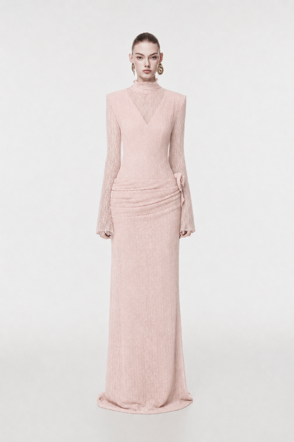 Sheer Lace Evening Gown with 3D Floral
