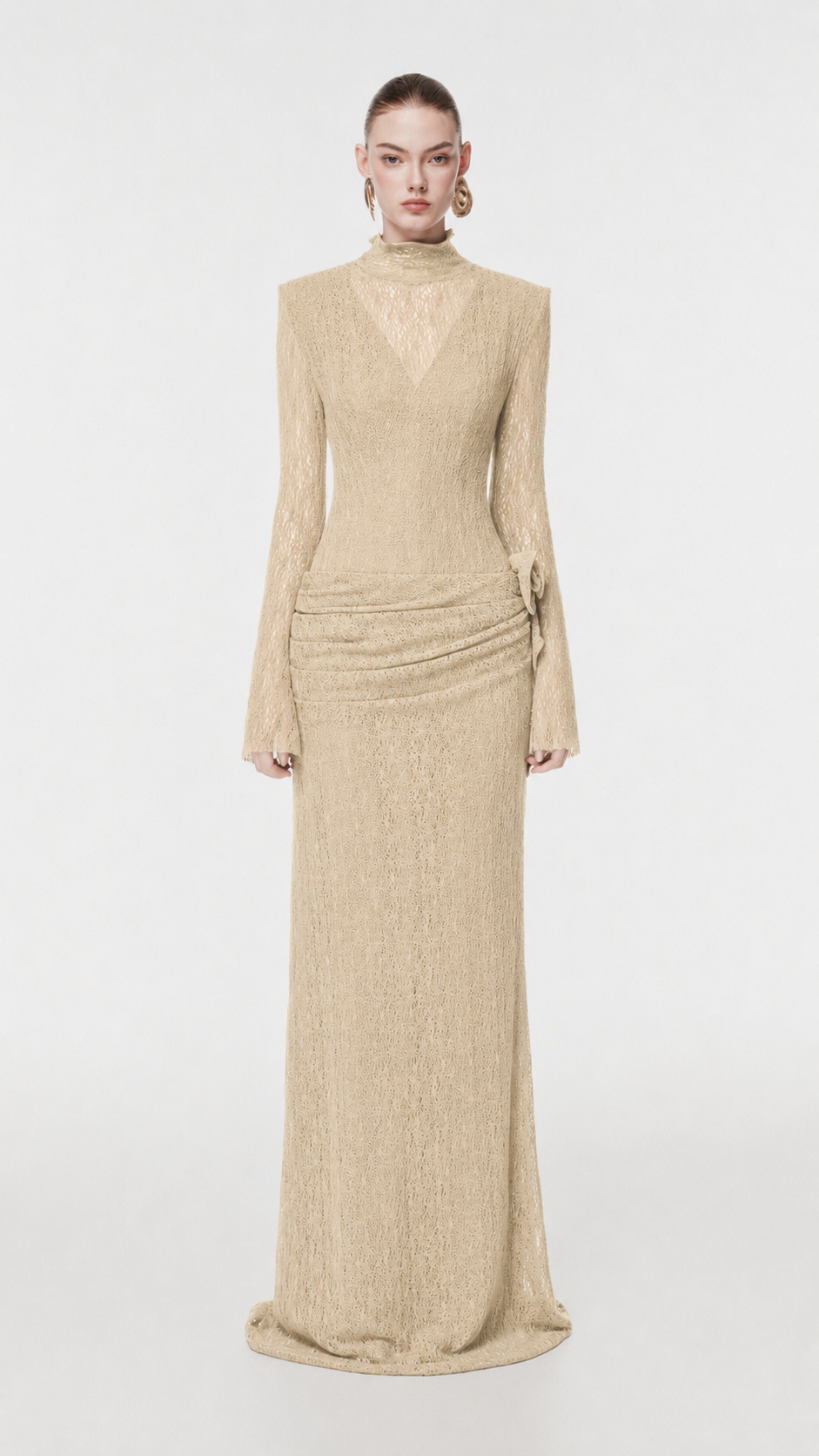 Sheer Lace Evening Gown with 3D Floral