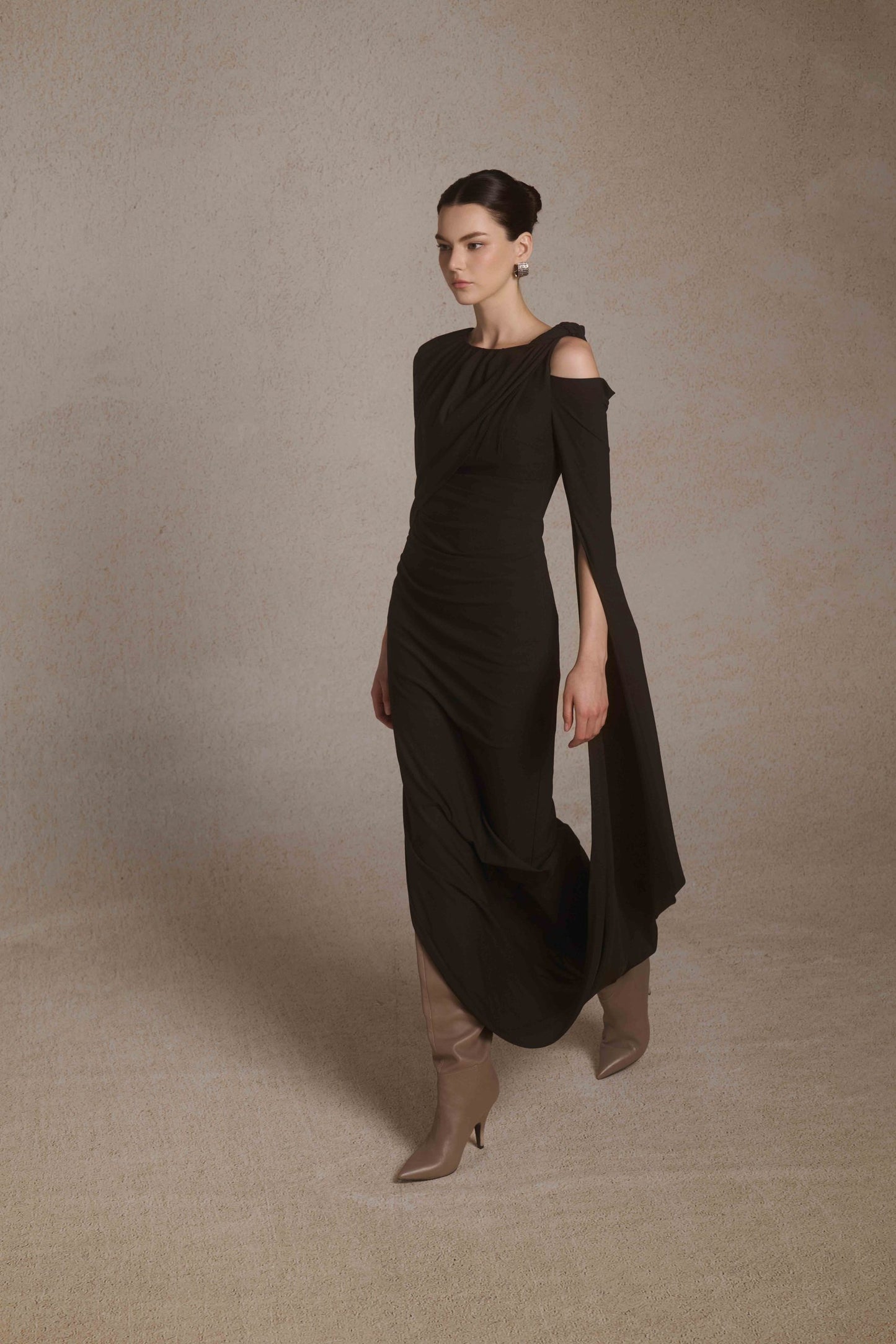 Orion Draped Shoulder Dress in Black image 1