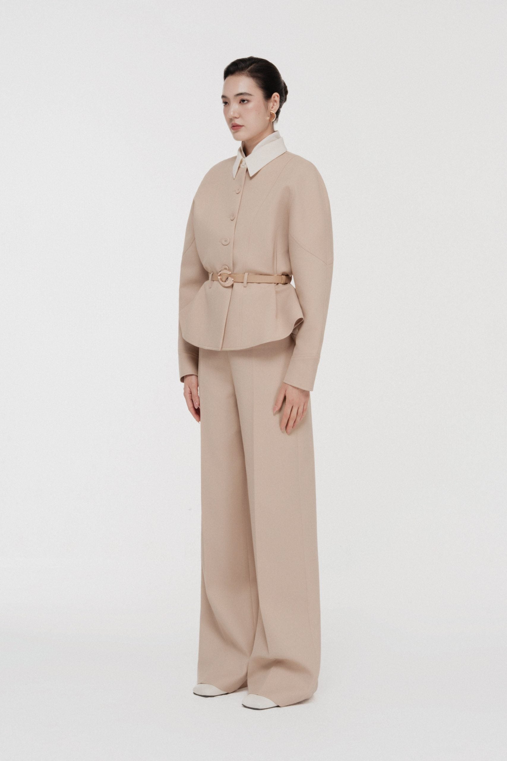 Quilted Structure Set with Wide-leg Trousers in Hazelnut image 1