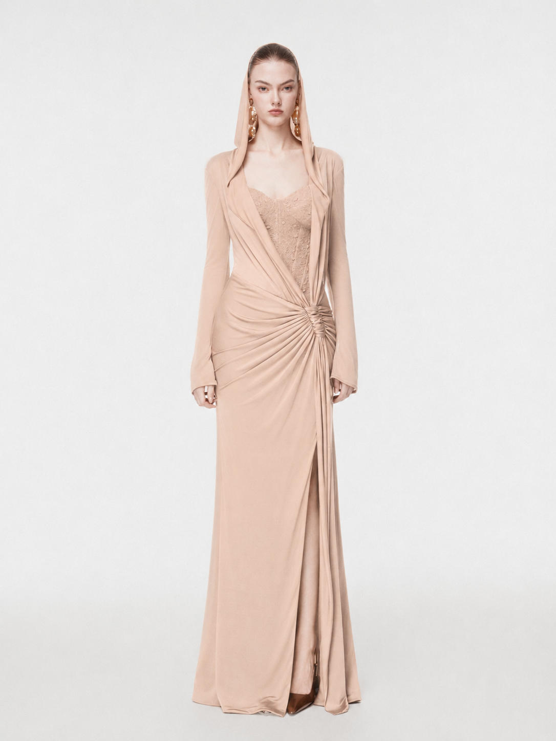 Hooded Draped Corset Evening Gown