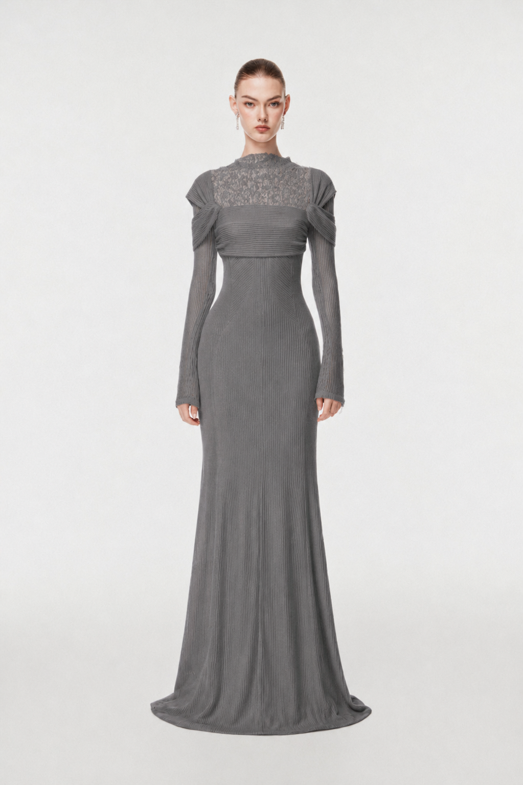 High-Neck Lace Draped Mermaid Gown