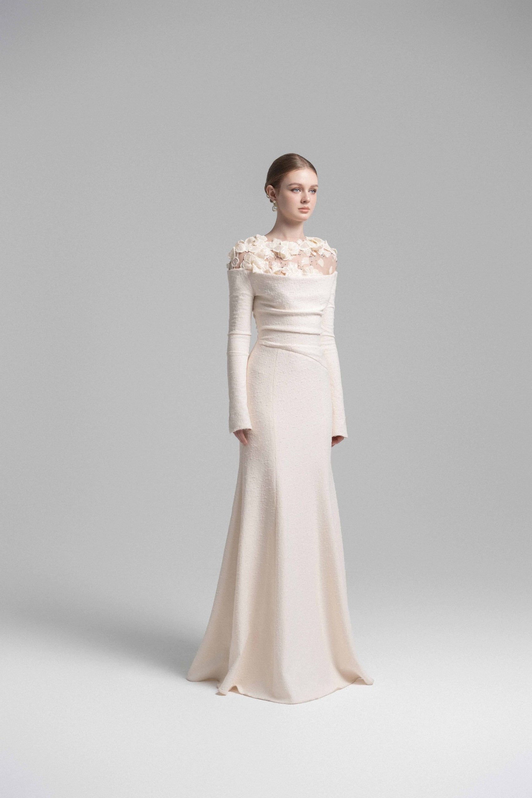 Celestia Draped Crystal Midi Dress in Cream image 1