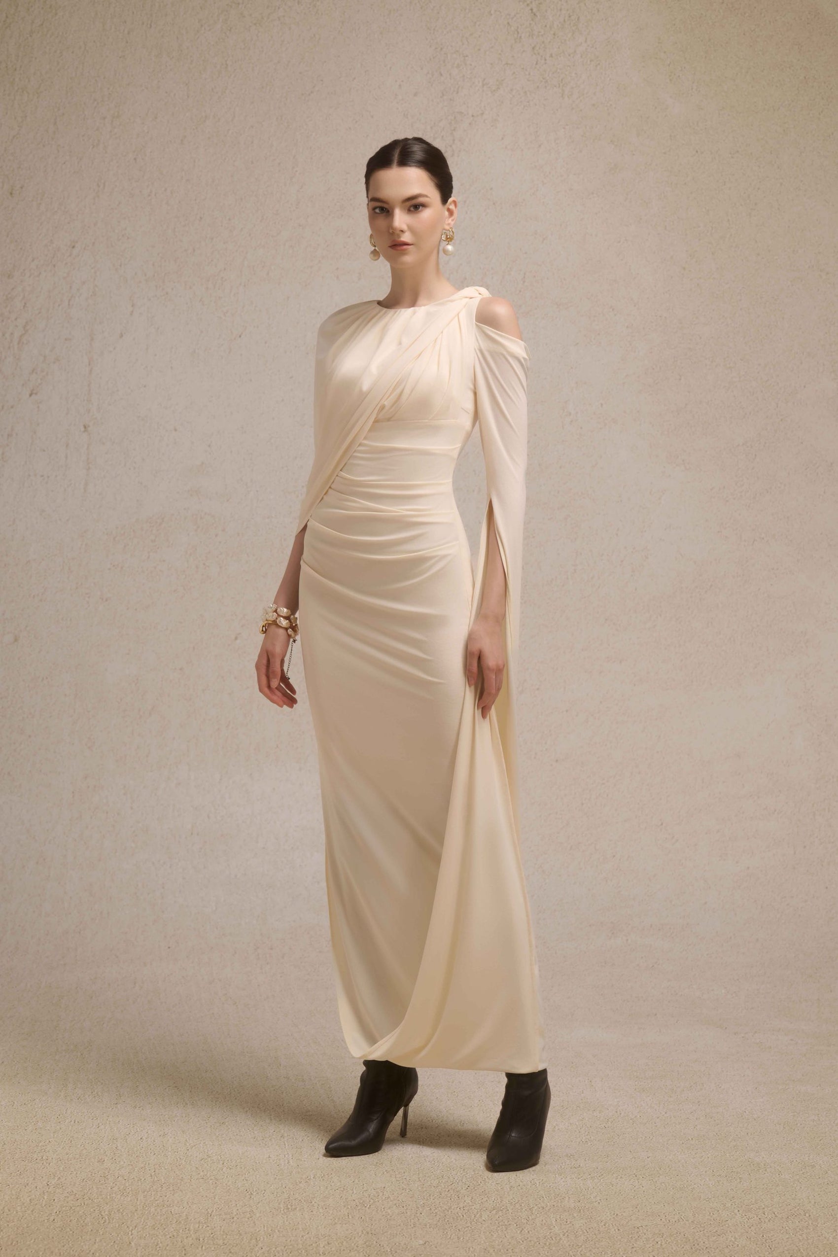 Orion Draped Shoulder Dress in Cream image 3