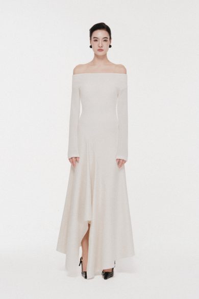 Asymmetric Off-Shoulder A-Line Midi in Cream