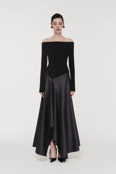 Asymmetric Off-Shoulder A-Line Midi in Black